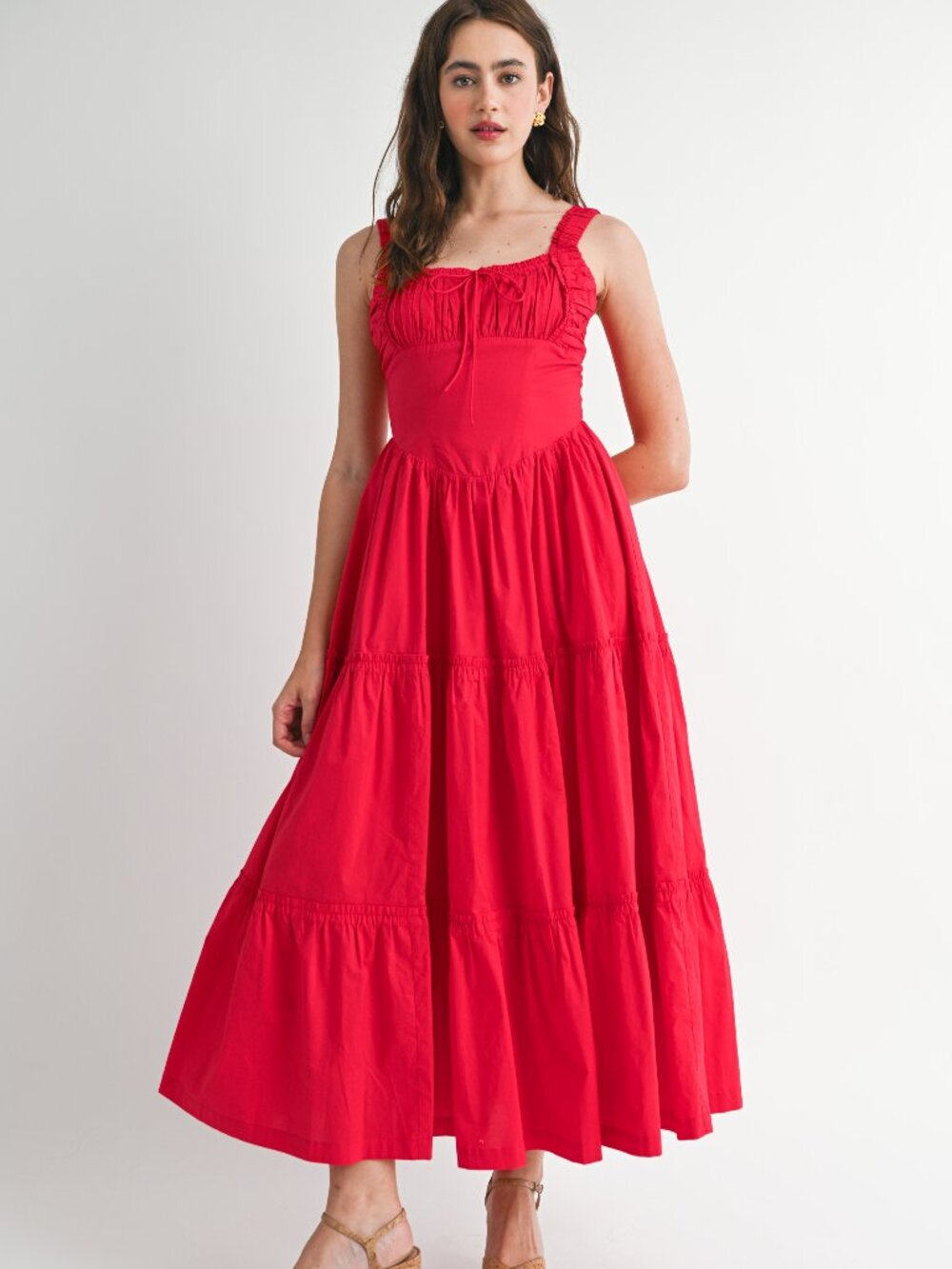 NWT Mable Bold Red Corset Style Midi Dress Elastic Straps Smocked Back Detail
